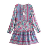 Queens Women Floral Print Tie Neck Elastic Waist Bohemian Mini Dress Ladies Long Sleeve Boho