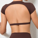 Backless Sporty T-shirt Women Sportswear Short Sleeve Crop Top for Fitness Yoga Wear Workout Clothes Female Gym Shirt