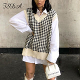 2020 Women Houndstooth Vest Sweater Casual V Neck Sleeveless Autumn Winter Jumper Knitted Korean Style Pullover Loose