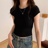 Black Round-Collar Short-Sleeved T-Shirt With A Black Round Neck Designed By European Designers Is A New Tight-Fitting, Skinny, Short-Style Blouse For Women In Spring And