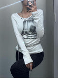 Retro Graffiti Print T Shirt Women Slim Crop Tops Long Sleeve Y2k Grunge Tops Streetwear America Tshirts Autumn