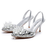 Cm Silver Light-Mouthed Pointed Sandals Water Drill Glass Fine Heel Sandals Large Wedding Shoes Bride Wedding Women's
