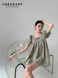 Plaid Puff Sleeve Summer Babydoll Dress Women Summer Short Sleeve Cotton Casual Mini Dress Korean Fashion