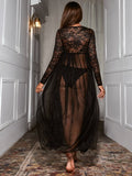 Women Summer Night Dress Lace Stitching Sheer V-Neck Long Sleeve Long Maxi Dress Lingerie for Girls Home Apparel Exotic
