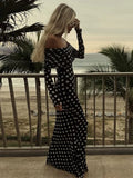 Polka Dot Printed Maxi Dress For Women Sexy Off Shoulder Strapless Long Sleeve Robes Summer Chic Lady Party Prom