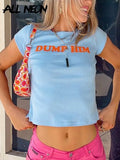 Cute 2000s Aesthetics Letter Print Blue Baby Tees Y2K Streetwear O-neck Short Sleeve Crop Tops Women Fashion 2022
