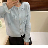Spring And Autumn New Pure Color High-Grade Round Collar Hand-Made Three-Dimensional Bow Soft Waxy Knitted Cardigan
