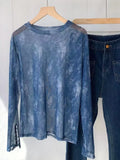 Zingj Shot Giant Beautiful Denim Blue Mesh Undershirt Women's Cuff Button Slit Thin Long-Sleeved T-Shirt Top