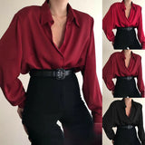 Button Blouses Turn Down Collar Shirts Office Lady Long Sleeve Casual Blouse Loose OL Shirt Baggy Tops Red/Wine Red