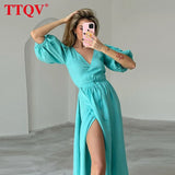 Sexy Pink Women's Summer Dress 2022 Bodycon Puff Sleeve Lace-up Midi Dress Ladies Elegant Chic Slit Cotton Party