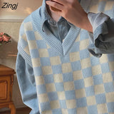 Vest Women Vintage Plaid Stylish Sleeveless Knitwear Teens Preppy Style Ulzzang V-neck Girls Streetwear Harajuku