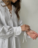 V-neck Long-sleeve Lace-up Loose Dress Women Summer Casual Folds A-line Dresses Female French Holiday Vestido 2022