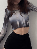 Cropped Flare Cuffs Mesh Blouse- Outfit