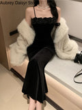 Black Velvet Floral Long Dress Women Vintage Spaghetti Strap Sleeveless Dress Fashion Casual Sexy Evening Party Dress