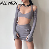 Cyber Y2K Aesthetics Ribbed Grey 2 Piece Sets E-girl Streetwear Sexy Open Shoulder Crop Top Button Up Mini Skirt