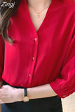 Women's Shirt Vintage Red Button Blouses for Women Short Sleeve Shirts Female Top Polo Neck Solid Blouse Office Lady Basic