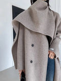 Fashion Women Woolen Coat Scarf Collar Loose Double Breasted Full Sleeve Belt Solid Color Overcoat Autumn 2023 New