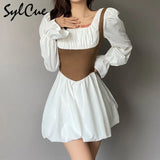 Contrast Color Slim Splicing Corset Versatile Commuter Fashion Square Neck Flared Sleeve Women's Pleated Skirt Zip