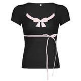 Lace Trim Bow Splice V Neck Long Sleeve TeeOutfit