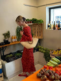 Floral Print Chiffon Flare Sleeve Maxi Dress Female O Neck Slim Fit Long Vestidos Summer Sexy Beach Street Party