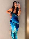 Blue Boho Printed Yellow Sundress Sexy Spaghetti Strap Bodycon Maxi Dress Women Summer Clothes Party Slip Dresses