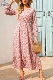Women Elegant Floral Printed Long Dresses Spring Summer Casual O Neck Long Sleeve Ladies Chic High Waist A Line Beach