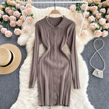 Women Sexy Sweater Dress Turndown-Collar Long Sleeves Elastic Pencil Dress Autumn Button Bodycon Stripe knitted