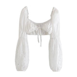 White Sexy Puff Sleeve Hollow Out Blouse Croset Top Embroidery Casual Fashion Summer Streetwear Cropped