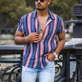 Mens Shirt Summer Streetwear Casual Short Sleeve Turn-down Collar Button Shirts Men Vintage Striped Print Cardigan