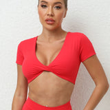 V-neck Sporty T-Shirts Women Sportswear Gym Sport Shirts Short Sleeve Top for Fitness Workout Clothing Female Yoga Crop