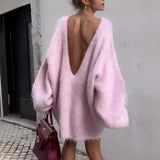 Deep Back V-neck Fuzzy Sweater-Outfit