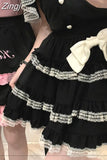 Women Black Harajuku Kawaii Y2k Mini Skirts Bow Above Knee Lolita Summer Japan Style Lace Patchwork High Waist Cake
