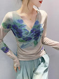 Autumn New Crossed V-neck Full Sleeve T-shirt Women's Fashion Printed Floral Mesh Tees Female Slim Top