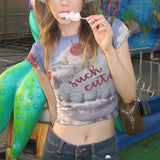 Sweet Wind Collar Bag Sleeve Cherry Cake Blue T-Shirt In Fashion Summer Wood Ear Exposed Umbilical Babes