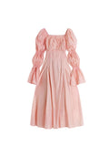 Autumn New Women's Dress French Vintage Sweet Style Hollow-Out Bow Lace-Up Square Collar Puff Sleeve Ladies Long