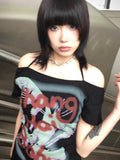 Halter Letter Print Tops Women Sexy Off Shoulder Tshirts Harajuku Bottoming Casual Tee Y2k Aesthetic Grunge