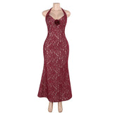 Red Lace Flower Halter Mermaid Style Maxi Dress- Outfit