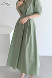 Solid Linen V-Neck Short Sleeve Elastic Waist Woman Midi Dress Elegant Green Summer 2023 Korean Fashion Women