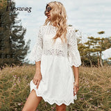 Elegant Embroidered Lace Dress White Female Splicing Dress Floral Hollow Out Loose Casual Party