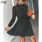 PETAL Lace Trim A-Line Mini Dress For Woman Black Sexy Cut Out Long Sleeve Party Dress 2023 Spring Autumn Female