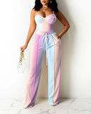 Pre-fall Women Colorblock Zipper Back Cami Top & Wide Legs Contrast Pipping Pants Set Summer Two Piece Suits