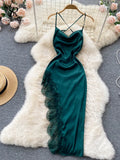 Irregular Splice Lace Women Dress Summer Slim Solid Hollow Out Temperament Sexy Ladies Split A Line Slim