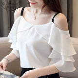 woman blouses 2022 short sleeve women shirts white chiffon blouse shirt women tops slash neck off shoulder top 3571