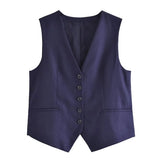 2025 Summer V-Neck Solid Color Single Breasted Vest High Waist Wide-Leg Pants Shorts Set