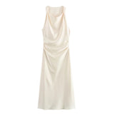 2025 New Fashion Round Collar Sleeveless Black Silk Satin Texture Dress Women