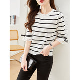 Photo Ice Silk T-Shirt Women's New Spring And Summer Sweater Seven Minute Sleeve Versatile Short Sleeve Loose Stripe