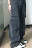 Black Gray Full Length Wide Leg Pants High Waist Loose Street Cargo Jeans Vintage Y2k Women Denim Trousers
