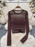 Letter Beadings Women Blouse O Neck Long Sleeves 2023 Autumn Fashion Senior Streetwear Hotsweet T Shirt Sheer Y2K