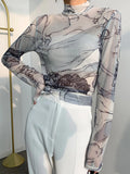 Turtleneck Mesh Blouse Women Renaissance Print Long Sleeve See Through Top Ladies Sheer Designer Top