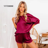 new solid color satin loose top and shorts urban leisure short sleeve suit Pajama shorts set of two fashion pieces